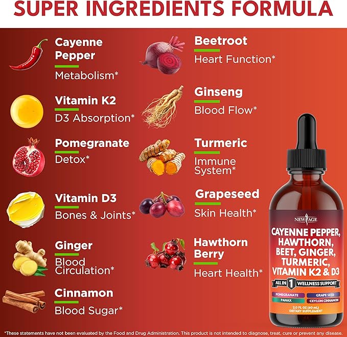 Cayenne Pepper Supplement Liquid Drops + Hawthorn Berry, Vitamin D3 K2 Beet Root Powder, Ceylon Cinnamon, Turmeric Curcumin, Organic Panax Ginseng - 4oz