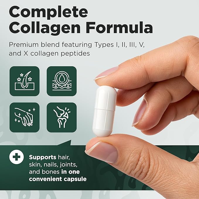 Complete Collagen Capsules for Women – 1800mg, Types I, II, III, V, X for Hair, Skin, Nails, Joints & Bone Health, High Absorption, Anti-Aging, Non-GMO, Gluten-Free, 90 Capsules