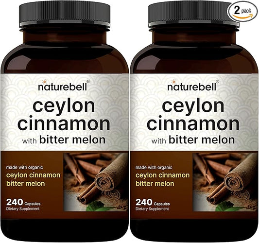 NatureBell 2 Pack Ceylon Cinnamon 9000mg Per Serving, 480 Capsules | Made with Organic Sri Lanka Ceylon Cinnamon Plus Organic Bitter Melon – Non-GMO, No Gluten