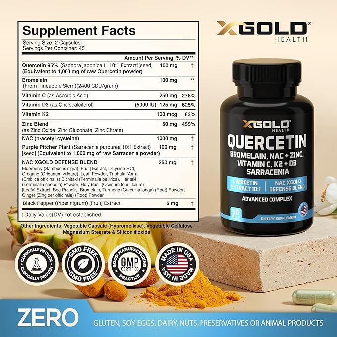 NAC Supplements 1,000 mg (N-Acetyl Cysteine), Sarracenia Purpurea, Quercetin 1,000 mg, Bromelain, Zinc, Vitamin D3 + K2, Turmeric, Elderberry, Vitamin C – Antioxidant & Immune Support – Made in USA