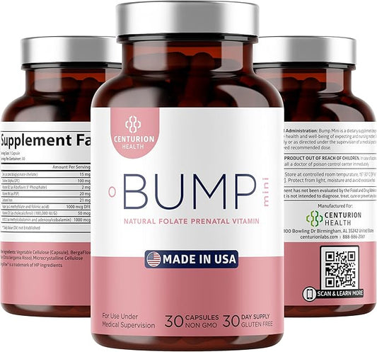 Bump Mini Complete Prenatal Vitamins for Women with Folate, Choline, Carbonyl Iron, Zinc, Vitamin D3 and Vitamin B12 for Fetal Development and Pregnancy Support, 30 Caps
