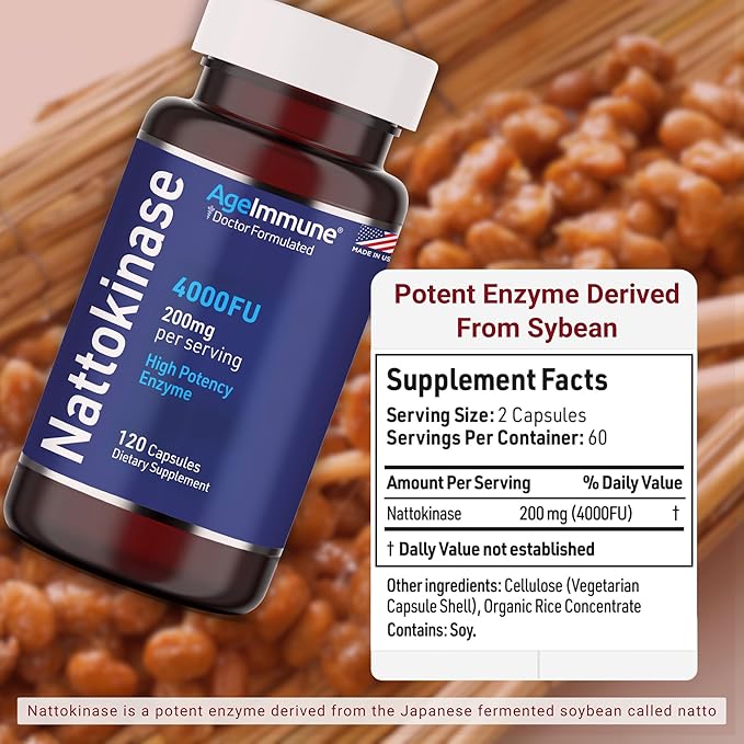 Nattokinase Supplement 4000 FU 200mg - Enzyme - Cardiovascular Support 120 Capsules -Derived from Japanese Natto - Made in The USA Without Magnesium Stearate.