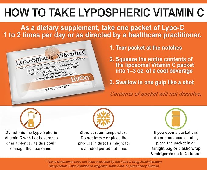 LivOn Laboratories Lypo–Spheric Liposomal Vitamin C 1000mg - No Sugar, Immune Support, Plant Based - Easy to Swallow, Absorbable, Individual Packets - Non–GMO, Gluten Free(0.2floz30 Packets)