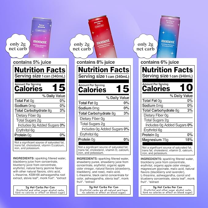 Moment Botanical Soda Soft Drink (Shark Tank) - SPARKLING Drinks | Berry Blast | L-Theanine & Ashwagandha for Calm & Clarity | 0 Added Sugar 0 Caffeine | 12-pack