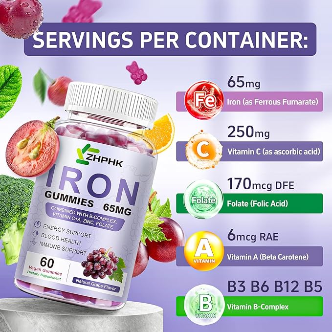 Vegan Iron Supplement 65mg, Iron Gummies for Women and Men with Vitamin C 250mg, Vitamin A, B-Complex, Biotin, Zinc & Folate, Folate for Energy Boost, Immune Health, 120 Count