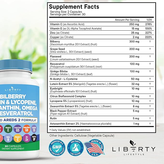 Eye Health Vitamins with Bilberry, Lutein & Zeaxanthin, Lycopene, Resveratrol, Grape Seed Extract, Flaxseed Astaxanthin- AREDS 2-120 Capsules