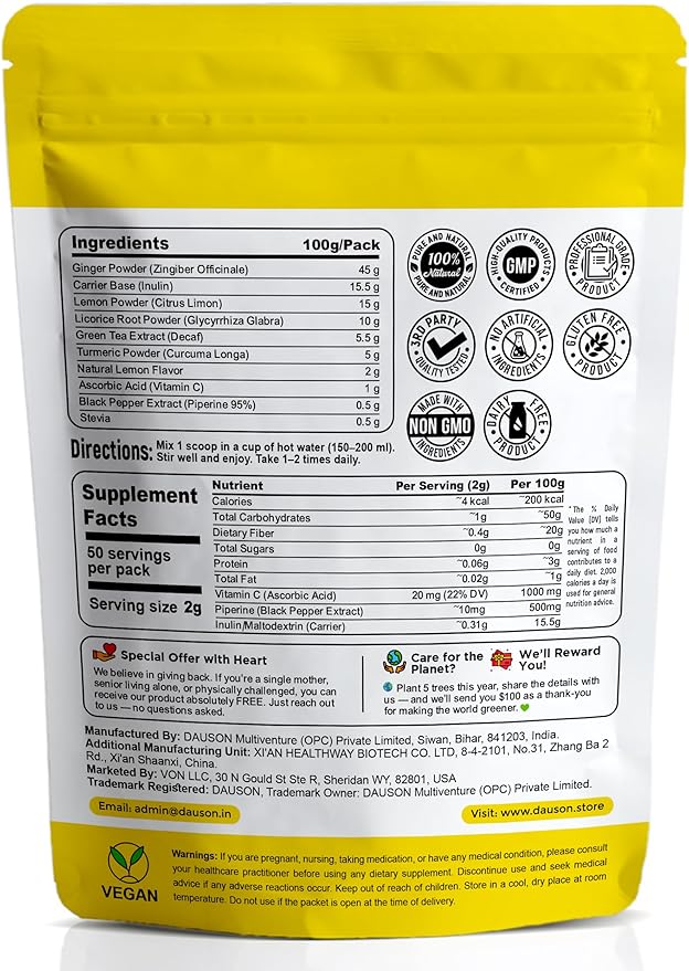 Ginger Lemon Herbal Tea Powder – Anti-Inflammatory Blend with Licorice, Turmeric, Decaf Green Tea, Vitamin C – Caffeine-Free, Vegan, Gut-Friendly Detox Tea – 100g Pack