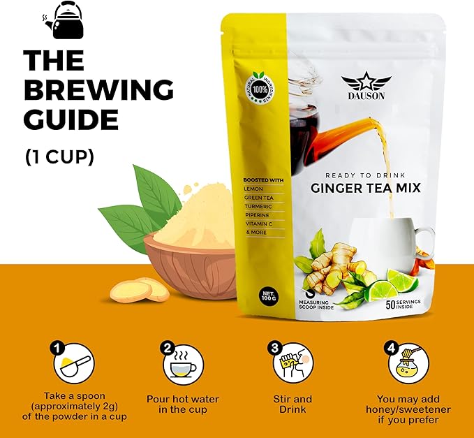 Ginger Lemon Herbal Tea Powder – Anti-Inflammatory Blend with Licorice, Turmeric, Decaf Green Tea, Vitamin C – Caffeine-Free, Vegan, Gut-Friendly Detox Tea – 100g Pack