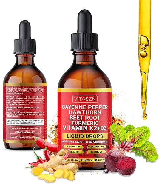 Cayenne Pepper Drops Liquid Supplement with Hawthorn Berry, Vitamin D3 + K2, Beet Root, Ceylon Cinnamon, Turmeric Curcumin, Panax Ginseng & Berberine Vegan-Friendly, Easily Absorbed 2oz - 60ml