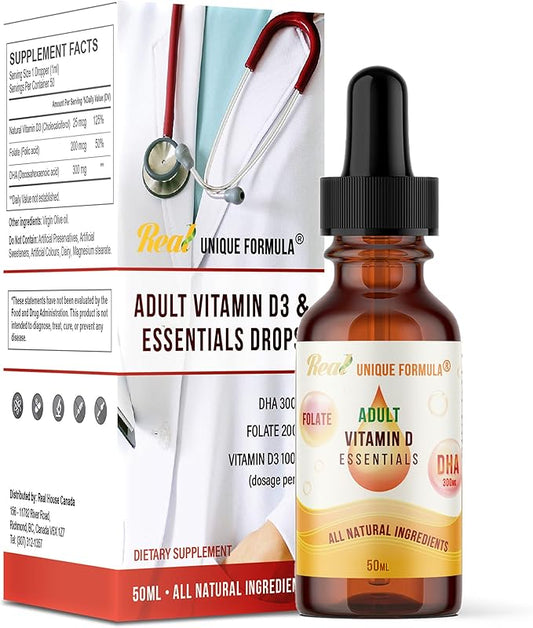 Adults Health Essentials Drops - Liquid DHA Omega 3, Natural Vitamin D3 1000 IU, Folate Supplement, Supports Heart, Brain, Eyes & Joint Health Supplement for The Whole Family