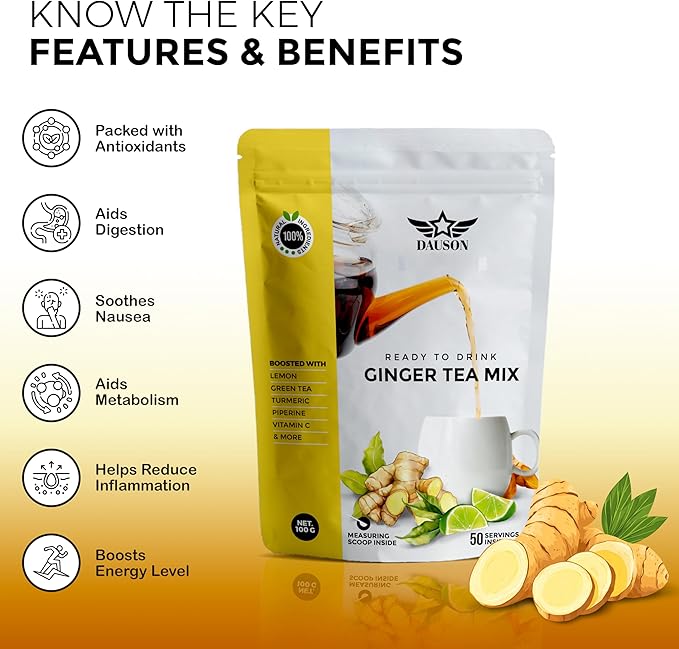 Ginger Lemon Herbal Tea Powder – Anti-Inflammatory Blend with Licorice, Turmeric, Decaf Green Tea, Vitamin C – Caffeine-Free, Vegan, Gut-Friendly Detox Tea – 100g Pack