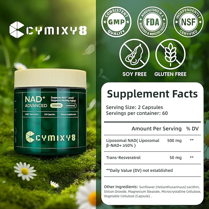 NAD Supplement, Liposomal NAD+ Supplement with Resveratrol, High Absorption NAD Booster for Men and Women Cellular Energy and Vitality, 120 Capsules, Anti-Aging Support