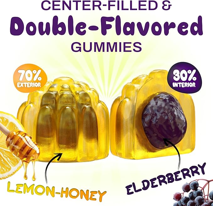 Elderberry Gummies Immunity Support - Real Honey and Lemon Immune Supplement for Kids & Teens with Vitamin C, Echinacea, and Zinc - 60 CT
