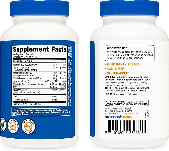 Nutricost High Potency Vitamin B Complex 462mg, 120 Capsules - with Vitamin C - Energy Complex