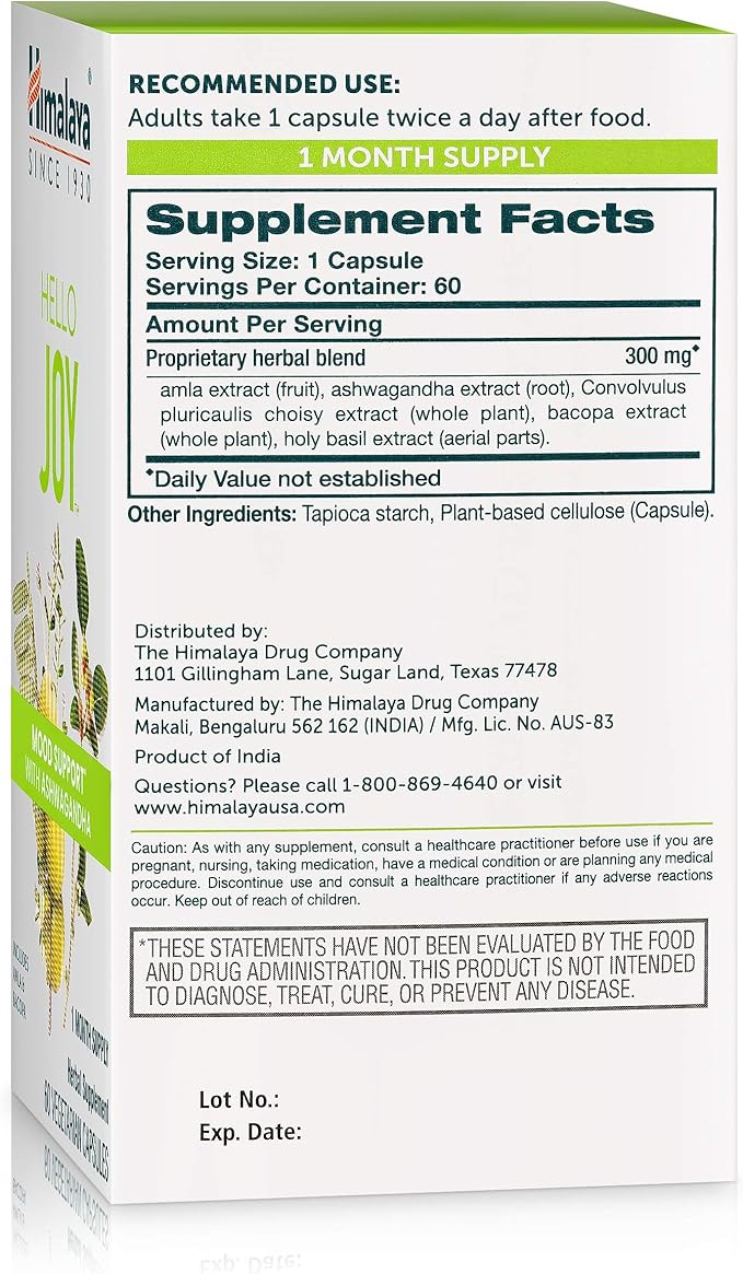 Himalaya Hello Joy Herbal Supplement, with Ashwagandha, Amla, Bacopa, Holy Basil/Tulsi, Positive Outlook, Supports Motivation, Stress Relief, Balanced Cortisol, Non-GMO, Vegan, 60 Capsules