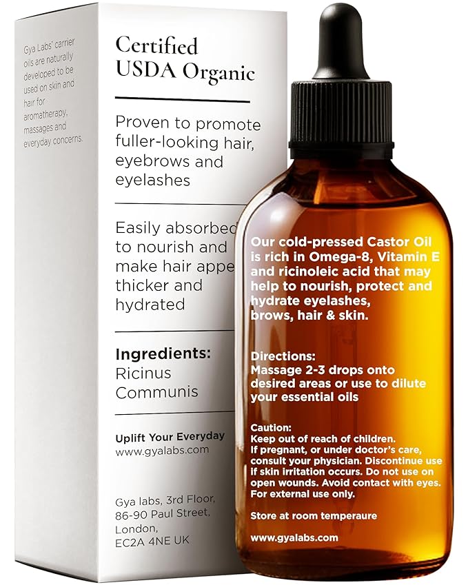 Gya Labs Organic Cosmetics Castor Oil for Eyelashes and Eyebrows - 100% Pure Natural Castor Carrier Oil for Hair, Skin (1.7 Fl Oz + Eyelash Kit)