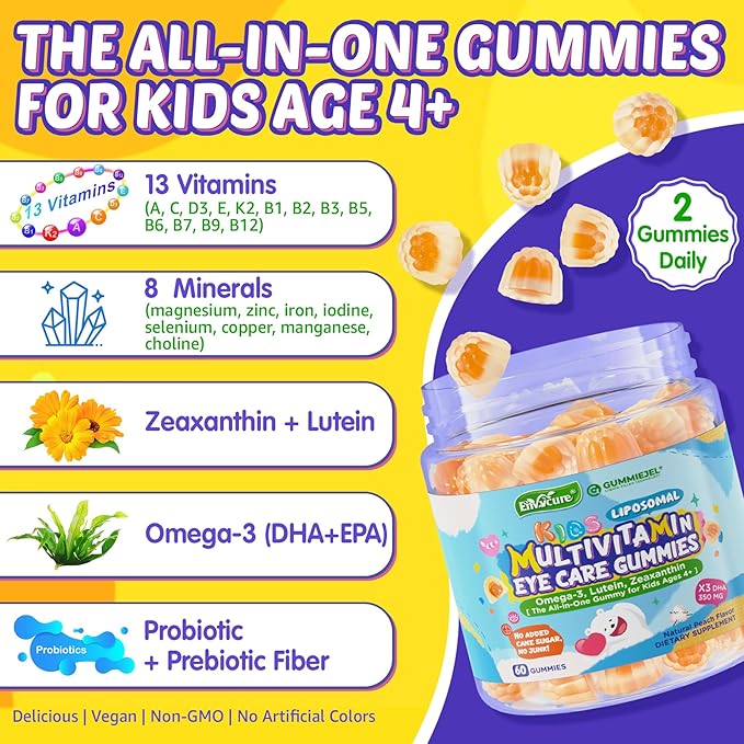Kids Multivitamin Gummies with Omega-3 (DHA & EPA), Liposomal Multivitamin for Kids 4+ w/Vitamin D3, K2, Methylated B12, Folate, C, Probiotics, Lutein & Zeaxanthin for Brain, Immunity, Gut, Eye, 60Cts
