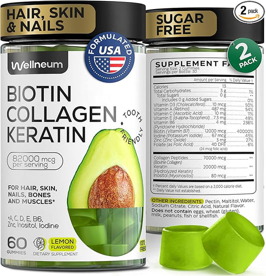 Biotin and Collagen Peptide Gummies for Hair Growth, Skin and Nails 120 Pcs (2 Pack) - 82000 Mcg - Biotin Chewables with Keratin Max Strength - Beauty Gummies for Women and Men - Sugar Free, Non-GMO