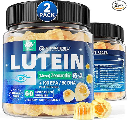 2 Pack Sugar Free Lutein 20mg 40mg and Zeaxanthin Gummies for Eyes with EPA 190mg & DHA 80mg, Eye Vitamins Filled Gummies Plus Bilberry, Goji Berry & Saffron, Eye Health Supplements for Adults - Vegan