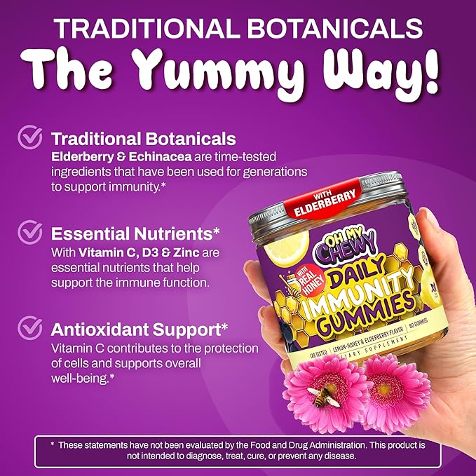 Elderberry Gummies Immunity Support - Real Honey and Lemon Immune Supplement for Kids & Teens with Vitamin C, Echinacea, and Zinc - 60 CT