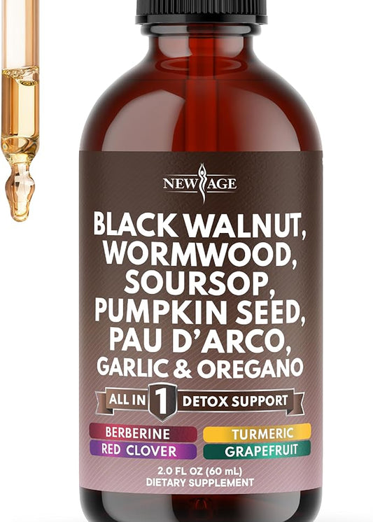 Black Walnut Wormwood Cleanse Drops - Liquid Soursop, Garlic, Pumpkin Seed, PAU D'Arco, Oil of Oregano, Turmeric, Berberine, Neem Extract, Hull Bark, Tincture - 2oz