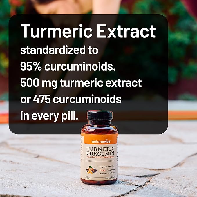 NatureWise Turmeric Curcumin 500mg with Black Pepper Softgels - Extra Strength, Enhanced Absorption - 95% Curcuminoids & BioPerine for Immune Support - Gluten-Free, Non-GMO - 30 Count[1-Month Supply]