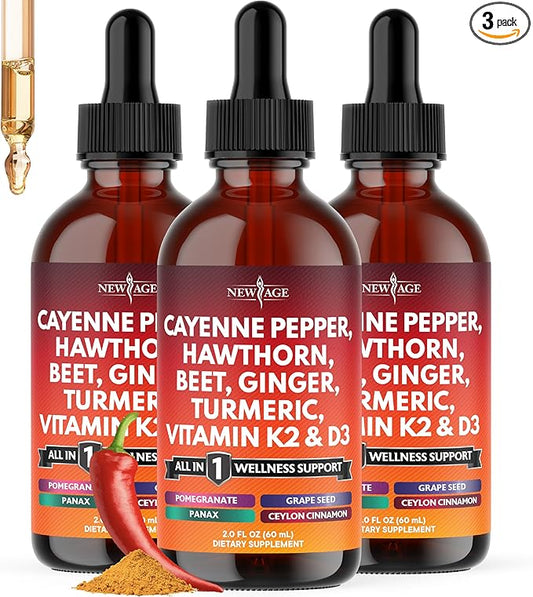 Cayenne Pepper Supplement Liquid Drops + Hawthorn Berry, Vitamin D3 K2 Beet Root Powder, Ceylon Cinnamon, Turmeric Curcumin, Organic Panax Ginseng - 6oz