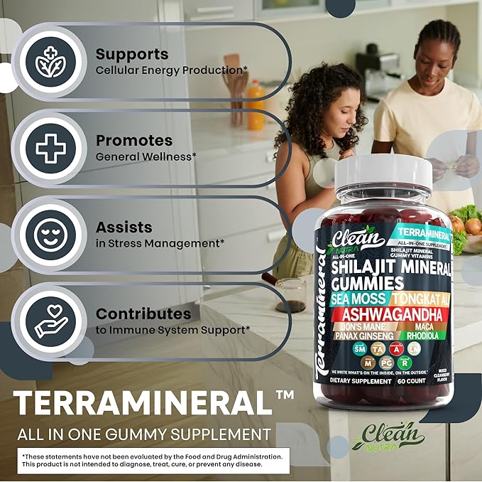 Terramineral Shilajit Gummies with Irish Sea Moss Tongkat Ali Ashwagandha Lion's Mane MACA Panax Ginseng Rhodiola & Cordyceps by Clean Nutra (1)