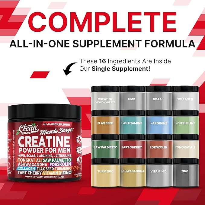 Clean Nutra Creatine Power for Men + HMB BCAA L Arginine L Citrulline Tongkat Ali Saw Palmetto Ashwagandha Collagen Flax Seed Turmeric Preworkout Stevia Nitric Oxide L Glutamine Amino Acids