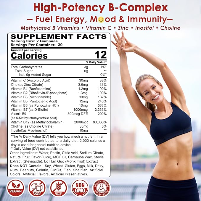 Vitamin B Complex Gummies, Vegan Vitamin B Gummies with 2000 mcg Methyl B12, Methyl Folate | Plus Choline + Inositol, Vitamin C + Zinc for Supports Energy, Mood, Immune, Healthy Hair, Skin - 60 Cts