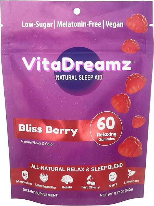 Bliss Berry Magnesium Relax & Sleep Gummies with Ashwagandha, Reishi, Tart Cherry, 5-HTP, L-Theanine | No Melatonin | Low-Sugar, Vegan, Non GMO, Berry Flavored