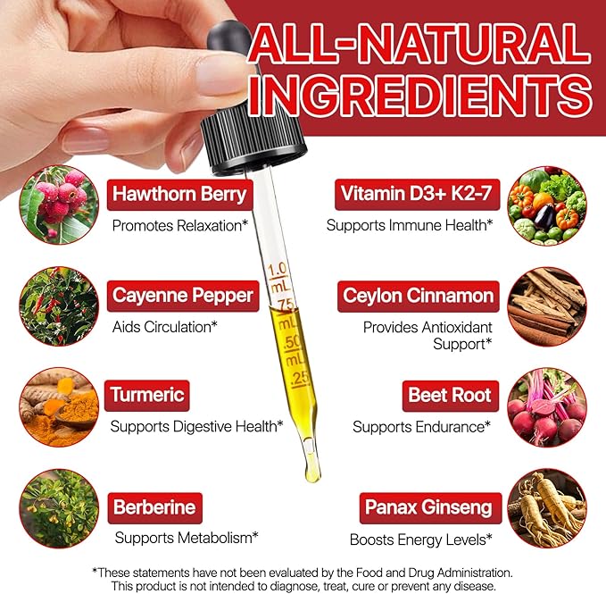 Cayenne Pepper Drops,Cayenne Pepper Supplement Liquid Drops,Hawthorn Beet Root Powder,Vitamin K2&D3,Ceylon Cinnamon,Organic Panax Ginseng,Cayenne Health Supplements 2 Fl Oz