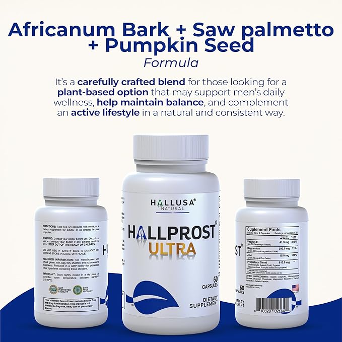 HALLPROST Ultra Prostate Health Supplement for Men, Frequent Urination, Saw Palmetto, Lycopene & Pygeum Blend + Zinc, Vitamin E & Magnesium, Urinary Tract Function, 60 Capsules