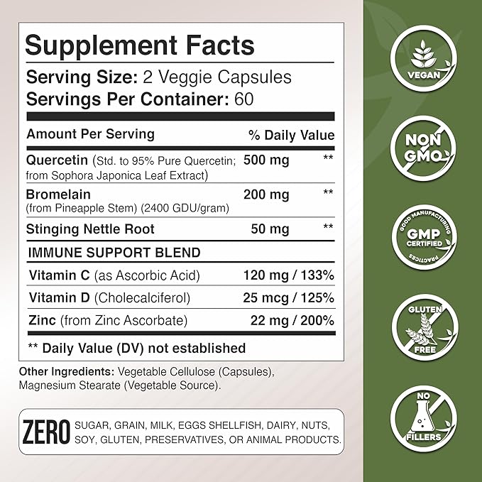 Gade Nutrition Quercetin with Vitamin C, Zinc & Stinging Nettle - Nettle Quercetin - Quercetin 500mg - Quercetin with Bromelain - Zinc Quercetin + Vitamin D3-360 Veggie Caps - 6 Month Supply