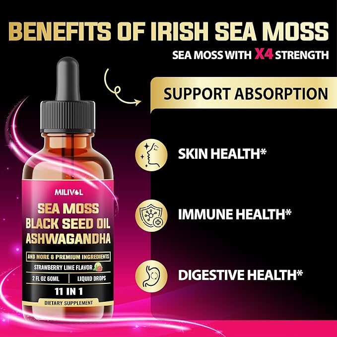 11in1 Sea Moss Liquid Drops - Irish Sea Moss with Black Seed Oil, Ashwagandha & 8 Other - Supplement for Immune, Skin, Digestion - 2 Fl Oz - 60 Days