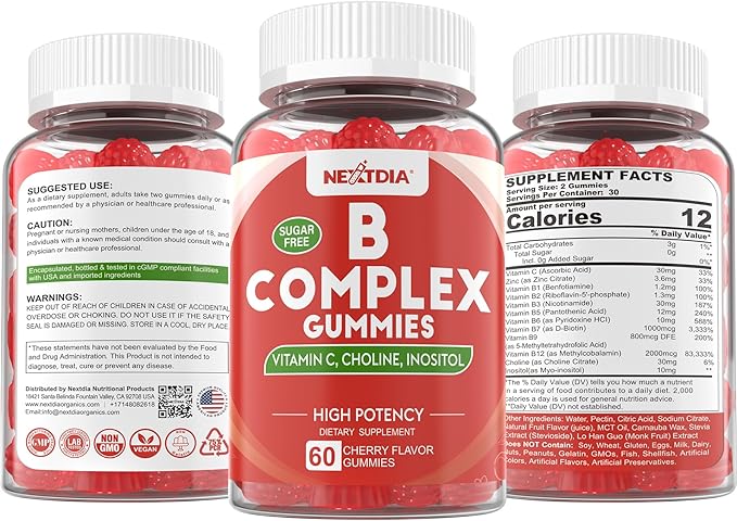 Vitamin B Complex Gummies, Vegan Vitamin B Gummies with 2000 mcg Methyl B12, Methyl Folate | Plus Choline + Inositol, Vitamin C + Zinc for Supports Energy, Mood, Immune, Healthy Hair, Skin - 60 Cts