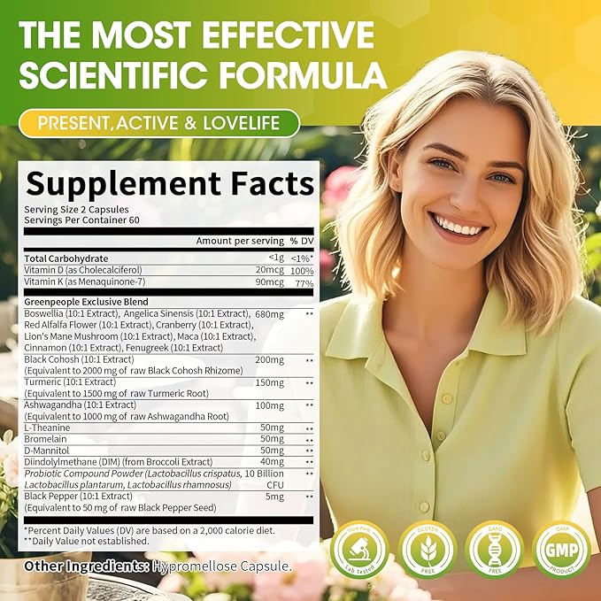 Menopause Supplements for Women - Black Cohosh & Ashwagandha for Hot Flashes, Night Sweats, Mood Swings, Hormonal Balance Support,10 Billion CFU Probiotic - 120(2 Packs) Capsules Vegan