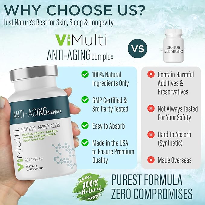Vitmulti Anti-Aging Natural Amino Acids Supplement for Women & Men – Supports Immune Health, Energy, Smoother Skin Tone, & Restorative Sleep, Anti-Aging Supplement Pills for Longevity, 60 Capsules