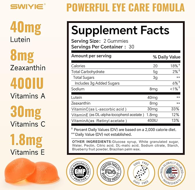 Lutein Gummies – Eye Vitamin and Mineral Supplement with 20mg Lutein & 4mg Zeaxanthin – Gummy Vitamins for Eye Health Support – Naturally Flavored, 60 Gummies