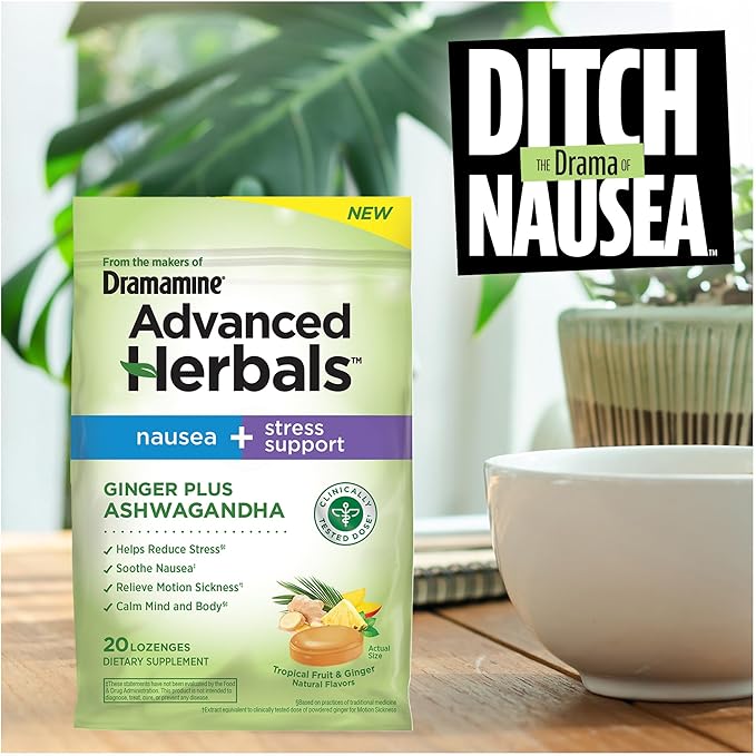 From the Makers of Dramamine, Advanced Herbals, Nausea and Stress Support with Ginger and Ashwagandha, Tropical Fruit and Ginger Flavored Lozenges, 20 Ct