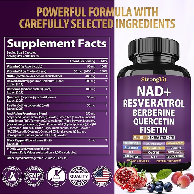 NAD Resveratrol Supplement with Berberine, Quercetin, CoQ10. Anti-Aging Formula for Women & Men. Liposomal NAD Plus, NAD+ Booster, Pure Organic Vitamin, USA