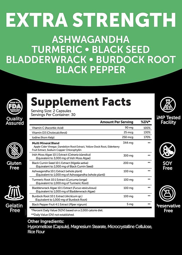 Lunakai USA Made Irish Sea Moss Capsules with Black Seed Oil, Ashwagandha, Burdock Root & Bladderwrack, 60ct
