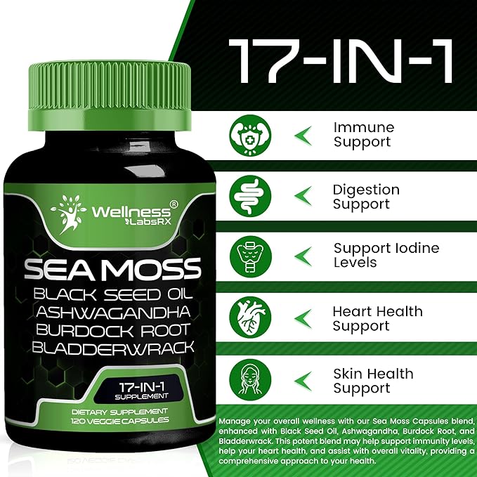 Irish Sea Moss Capsules, 17-in-1, Seamoss Black Seed Oil, 120 Count, Ashwagandha Burdock Root Organic Bladderwrack Capsules | Organic Sea Moss Advanced, Immune and Blood Pressure Support