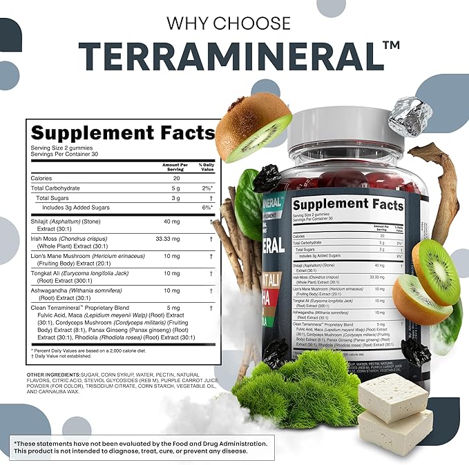 Terramineral Shilajit Gummies with Irish Sea Moss Tongkat Ali Ashwagandha Lion's Mane MACA Panax Ginseng Rhodiola & Cordyceps by Clean Nutra (1)