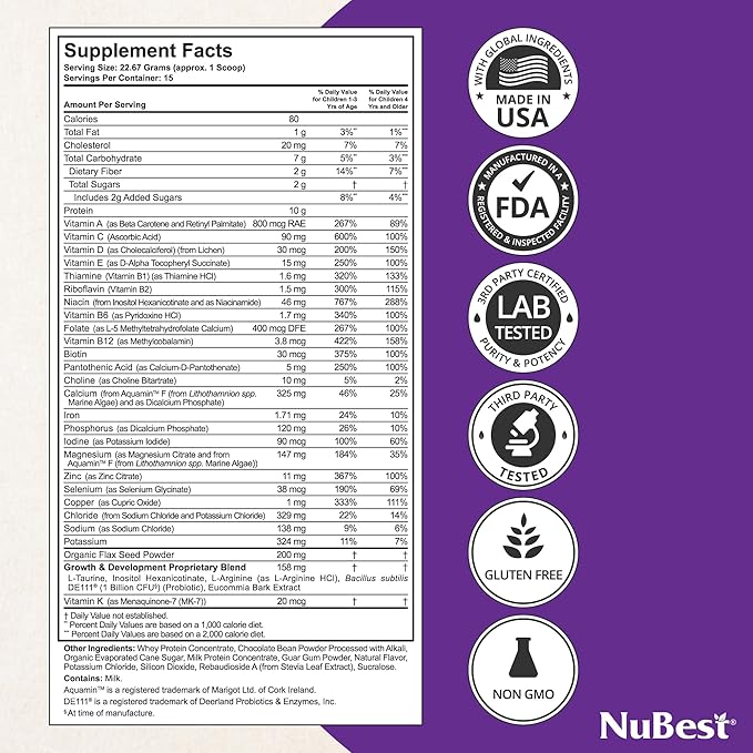 NuBest Tall Protein Powder for Kids & Teens - Whey Protein Powder - Chocolate Protein Powder Shake with Probiotics, Omega 3-6-9, Vitamin D3 + K2, Calcium, Vitamin - 15 Servings | 2 Week Supply