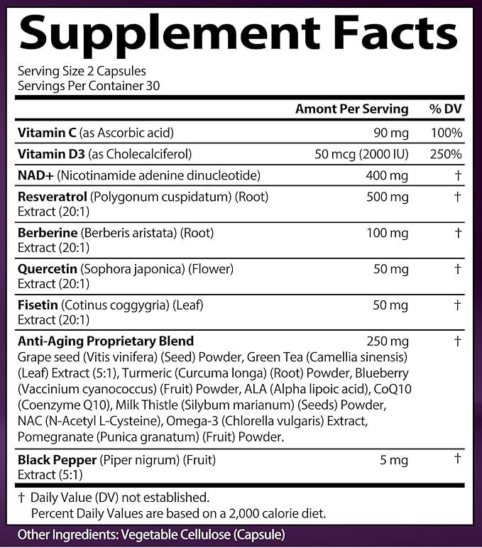 NAD Resveratrol Supplement with Berberine, Quercetin, CoQ10. Anti-Aging Formula for Women & Men. Liposomal NAD Plus, NAD+ Booster, Pure Organic Vitamin, USA