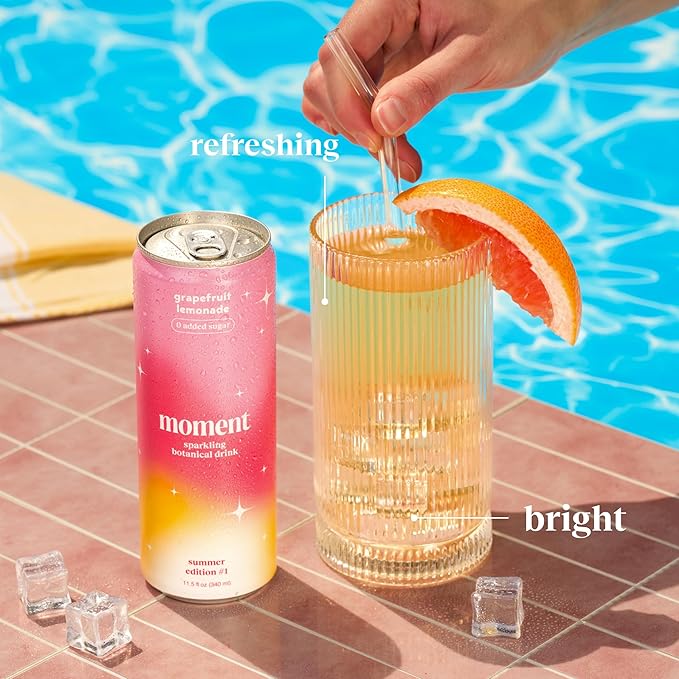 Moment Botanical Soda Soft Drink (Shark Tank) - SPARKLING Non Alcoholic Drinks | Grapefruit Lemonade | L-Theanine & Ashwagandha for Calm & Clarity | 0 Added Sugar 0 Caffeine | 12-pack