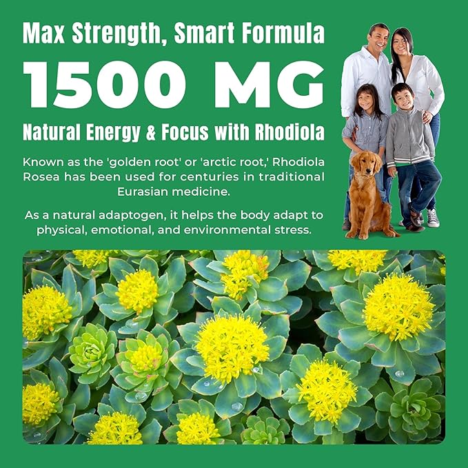 Rhodiola Rosea Gummies 1500mg – Vegan Sugar-Free Adrenal Support Supplement for Stress, Energy, Mood & Focus – Cortisol Balance Adaptogen – Non-GMO Herbal Chews – 60 Count