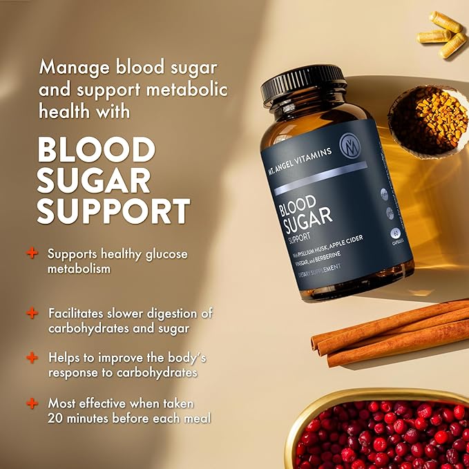 Mt. Angel Vitamins Blood Sugar Support Supplement - Natural Supplement with Pysllium Husk, Berberine with Ceylon Cinnamon, and Apple Cider Vinegar - Supports Healthy Blood Sugar Levels - 60 Capsules