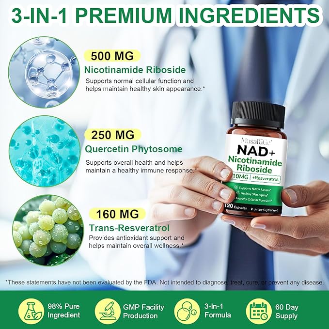 NAD Supplement, NAD Nicotinamide Riboside with Premium Nicotinamide Riboside & Resveratrol, NMNH Supplement Alternative, Health Supplements for Anti-Aging, Energy, Focus - 60 Days Supply